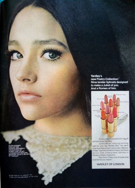 Actress who played Juliet Vintage Makeup Ads, Olivia Hussey, Logos Retro, Makeup Ads, Retro Makeup, Retro Beauty, Beauty Ad, Long Dark Hair, Vintage Cosmetics