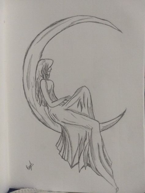 Moon As A Person Drawing, Woman Sitting On Moon Tattoo, Night Themed Tattoo, Moon Girl Tattoo, Moon Night Drawing, Moon Sketch, Fairy Sketch, Word Tattoo Ideas, Dream Drawing