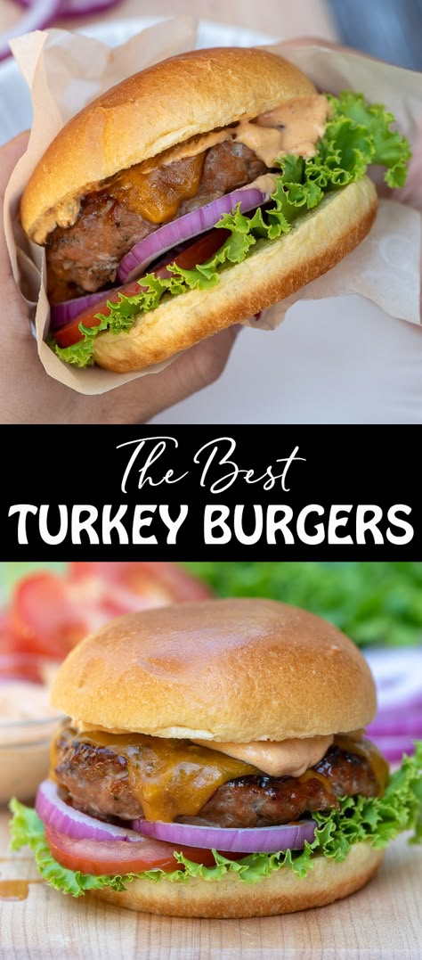 Lean ground turkey is transformed into juicy, flavorful turkey burgers that will satisfy even the most steadfast beef burger lover. #turkeyburgers #turkeyburgerrecipe #groundturkeyrecipes #BBQrecipes #grillingrecipes #healthyrecipes Mushroom Turkey Burger, Ground Turkey Hamburgers, Turkey Burger Sauce Recipes, Flavorful Turkey Burger Recipes, Oven Turkey Burgers, Turkey Burger Recipes Healthy, Burger Recipes Seasoning, Homemade Turkey Burgers, Easy Homemade Burgers