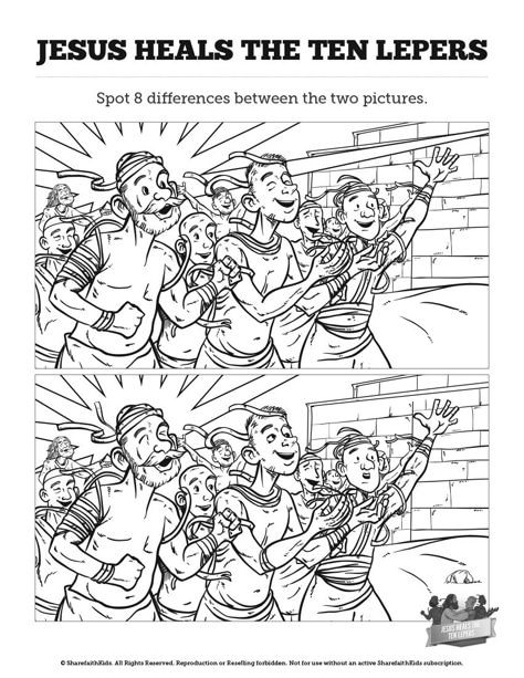 Luke 17 Ten lepers Kids Spot The Difference: Think these ten lepers illustrations look the same? You're going to want to take a second look! With the kind of playful fun your kids love, this ten lepers activity page is perfect for your upcoming Luke 17 Sunday school lesson. The Ten Lepers, Bible Mazes, Sunday School Worksheets, Sunday School Coloring Pages, Luke 17, Kids Sunday School Lessons, Bible Verse Coloring Page, Bible Activities For Kids, Bible Printables