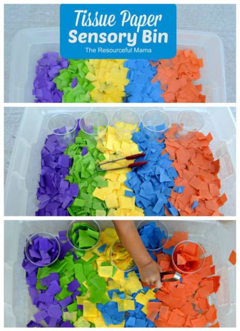 This tissue paper sensory bin is set up to allow children to strengthen fine motor skills by using the tongs to sort and match the tissue paper into cups. Sensory Tissue Boxes Diy, Tissue Paper Sensory Play, Shredded Paper Sensory Bin Ideas, Color Sorting Sensory Bin, Paper Sensory Bin, Tissue Paper Fish, Colored Rice Sensory Bin, Sensory Tables, Preschool Sensory