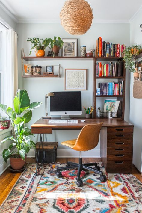 15 Tips for Creating a Small Moody Office – Everyday Inspo Modern Cozy Home Office, Small Bright Office, Colorful Small Office, Home Office Desk Inspiration, Mid Century Modern Office Ideas, Cute Office Set Up, Music Room Office Combo, Thrifted Office Decor, Midcentury Home Office