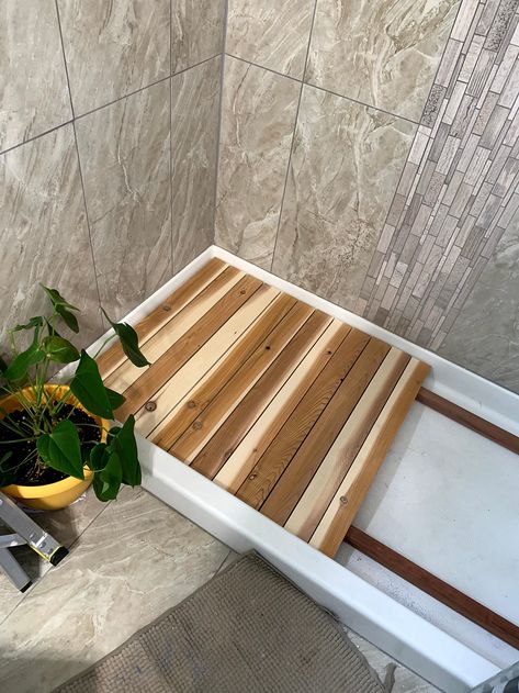 Wood Shower Walls Diy, Timber Shower Base, Cedar Shower Floor, Teak Wood Shower Floor, Cedar Shower Walls, Wood Shower Walls, Teak Shower Shelf, Shower Wood Floor, Teak Shower Floor