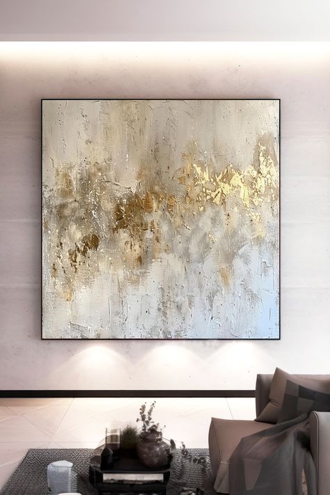 Original handmade abstract painting with textured beige background and gold leaf accents, creating an elegant and luxurious look Beige Painting, Gold Abstract Painting, Textured Layers, Gold Painting, Gold Leaf Painting, Handmade Artwork, White Beige, Gold Paint, Gold Leaf