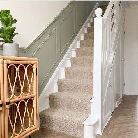 Green Stair Panelling, Sage Hallway And Stairs, Panelled Walls On Stairs, Hallway Ideas Sage Green, Modern Dado Rail Ideas Hallway, Sage Panelling Hallway, Hall Stair And Landing Colour Ideas, Long Hallway Panelling, Hallway Panelling Colour Ideas