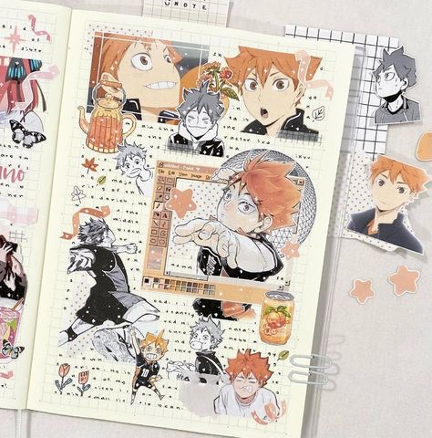 Manga Journal Ideas, Journal Spreads Anime, Anime Art Journal, Anime Journaling Ideas, Anime Scrapbook Ideas, Anime Journal Prints, Haikyuu Journal, Anime Journal Aesthetic, Anime Journal Spread Ideas