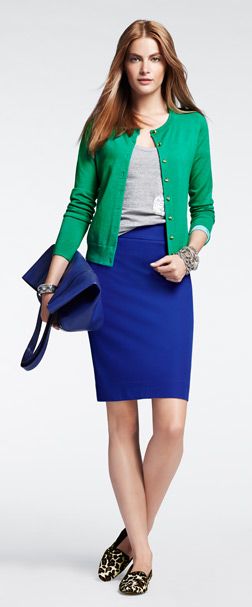 Blue dress - work outfit - @Brent Hannah Republic Royal Blue Skirt Outfit, Blue Skirt Outfit, Royal Blue Skirt, Outfit Cardigan, Colored Cardigans, Green Cardigan, Wear Green, Green Outfit, Blue Outfit