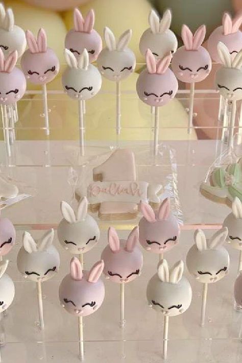 Take a look at this cute bunny 1st birthday party! Love the bunny cake pops! See more party ideas and share yours at CatchMyParty.com Cake Pops Bunny, Bunny Cakes Birthday Kids, Bunny 1st Birthday Party Girl, Bunny Cake Birthday, Bunny Theme Cake, Bunny Birthday Party Ideas, Bunny Party Ideas, Bunny 1st Birthday Party, Bunny Themed Birthday Party