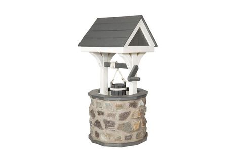 This rustic wishing well features customizable roof, base, and trim colors. It also includes a bucket. This item is the perfect statement piece for your garden or yard, sure to start many conversations. Stone Wishing Well, Tan Grout, Wishing Wells, Grey Grout, Lawn Ornaments, Brown Stone, Amish Furniture, Texas Homes, Door Makeover