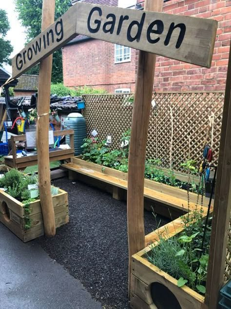 We are so impressed to see how this Growing Garden has developed. If that is something your school needs please contact us. #outdoorlearning #made2play Diy School Garden Ideas, Daycare Outdoor Play Area Natural Playgrounds, Interactive Garden Design, School Wildlife Garden Ideas, School Garden Ideas Design, Easy School Garden Ideas, Daycare Fence Ideas, Sensory Play Garden, Playschool Outdoor Area