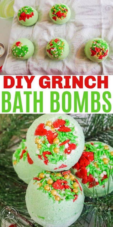 Grinch Christmas Gifts Diy, Diy Grinch Gifts, Grinch Gifts Diy, Grinch Soap, Diy Bubble Bath, Christmas Spa, Diy Grinch, Bath Boms, Grinch Crafts