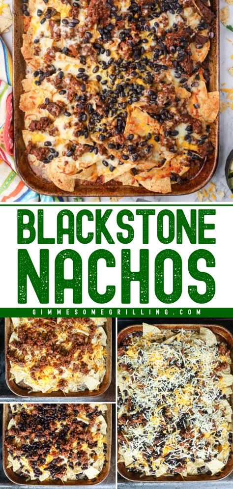 Out of Blackstone recipe ideas? Try these Blackstone Nachos! Jazzed up with colorful toppings like tomatoes, sour cream, and cilantro. These nachos make a delicious Blackstone appetizer recipe! Blackstone Game Day Food, Blackstone Grill Recipes Vegetables, Black Stone Vegetarian, Blackstone Dip Recipes, Fall Blackstone Meals, Food On The Blackstone, Dinner Ideas On The Blackstone, Blackstone Griddle Appetizers, Flatstone Grill Recipe