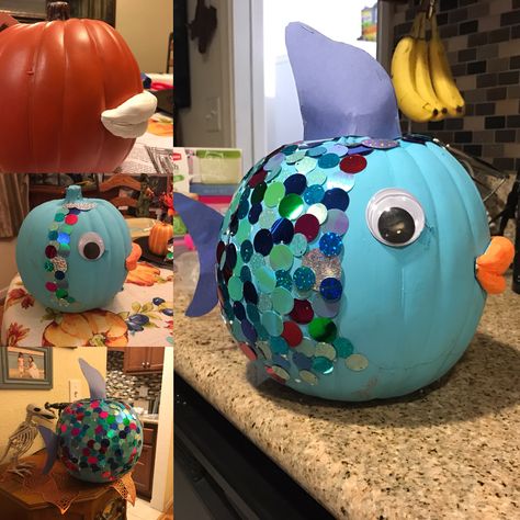 Rainbow fish pumpkin decoration Book Characters Pumpkin Decorating, Teacher Pumpkin Decorating, Rainbow Fish Pumpkin Decorating, Preschool Pumpkin Decorating, Fish Pumpkin Painting, Story Book Pumpkin Decorating Ideas, Rainbow Fish Pumpkin, Fish Pumpkin Decorating Ideas, Pumkin Decoration Ideas Story Book