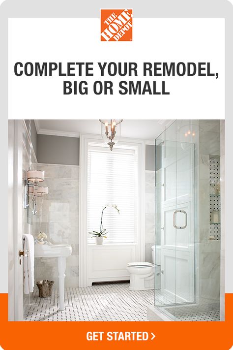 Whether you’re looking for a small refresh, or a full renovation, we’re here to help. Connect with one of our licensed, insured remodeling contractors for your free in-home consultation. Click to sign up today with The Home Depot. For license information, visit homedepot.com/licensenumbers Home Depot Bathroom Remodel, Small Bathroom Redo, Restroom Remodel, Home Depot Bathroom, Lake House Bathroom, Bathroom Tub Shower, Small Bathroom Makeover, Bathroom Remodel Shower, Bathroom Remodel Designs