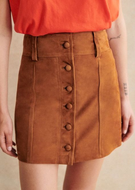 Savine Skirt - Caramel - Goat leather - Sézane Sezane Skirt, A Line Skirt Short, Wide Waistband Skirt, Madewell Cardigan, Bold Shoes, Bootleg Jeans, French Girl Style, Rib Knit Cardigan, Skirt Short