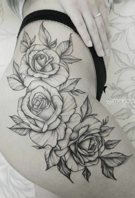 Thigh Piece Tattoos, Flower Hip Tattoos, Cute Thigh Tattoos, Rose Tattoo Thigh, Floral Thigh Tattoos, Hip Thigh Tattoos, Tattoos For Women Flowers, Tattoos For Women Half Sleeve, Hip Tattoos Women