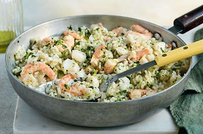 Herby Cod & King Prawn Risotto Recipe | Waitrose & Partners Prawn Risotto, Parsley Salad, Gluten Free Fish, Frozen Fish, Simple Dinner Recipes, Risotto Rice, Risotto Recipe, Cod Recipes, Fish Stock