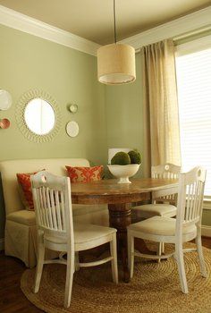 upholstered bench and round table with cute chairs. This is perfect!!! Want want want! Kitchen Table Booth, Corner Bench Dining Table, Dinning Nook, Painted Chairs Dining Room, Armless Couch, Couches For Small Spaces, Kitchen Nook, Kitchen Tables, Table Kitchen