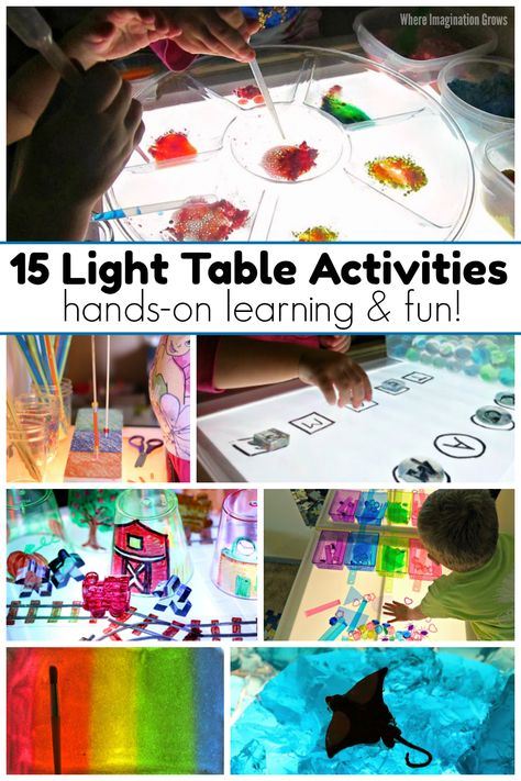 Over 15 fun light table learning activities for toddlers and preschoolers! Engaging ways to learn using your light box! Promotes letter recognition, color sorting, math, fine motor skills, and much more!  Perfect for use in homes, preschool, or daycare! #LightTable #FineMotor #preschool #preschoolactivities #PreschoolLearning #TeachPreschool All About Me Light Table Activities, Light Table Color Activities, Light Study Art Activities, Light Table Math Activities Preschool, Light Pad Activities, Earth Day Light Table Activities, 5 Senses Light Table, Light Table Dinosaur Activities, Light Box Activities Eyfs