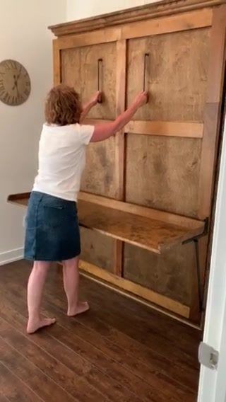 See how Serge build this beautiful DIY Murphy bed with stay level desk using the Easy DIY Murphy bed hardware. Looks amazing and Serge you should be... | By Easy DIY Murphy Bed | Facebook Murphy Bed Desk Combo Diy, Murphy Bed Legs, Diy Murphy Bed With Desk, Rustic Murphy Bed Ideas, Horizontal Murphy Bed Diy, Diy Murphy Bed Easy, Rv Beds Ideas, Diy Murphy Bed, Murphy Bed Hardware