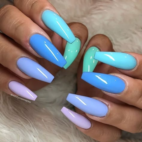 💛 FOLLOW @swaybreezy FOR MORE ✨🧸 One Nail Different Color, Summer Nails Different Colors, Two Different Nail Colors On Each Hand, Different Shades Of Blue Nails, Colourful Acrylic Nails, Different Color Nails, Almond Nail Art, Multicolored Nails, Cute Summer Nail Designs