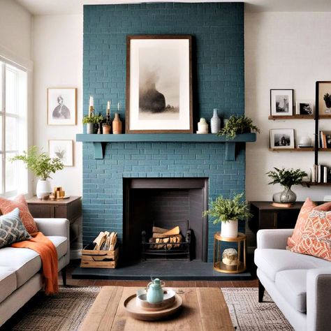 40 Painted Brick Fireplace Ideas That Make a Statement Painted Brick Fireplace Color, Refinished Fireplace Brick, Painted Fireplace Colors, Wood Accent Wall Fireplace, Painted Fireplace Brick Before And After, Painting Brick Wall Interior, Painted Brick Chimney, Painted Fireplace Wall, Fireplace Paint Ideas