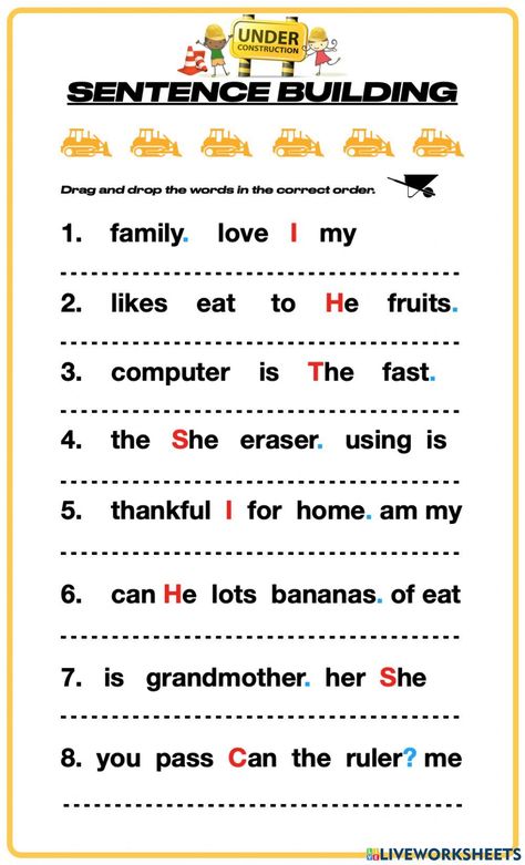 English Lessons English Worksheets For Beginners, Teaching English For Beginners, How To Teach English To Beginners, Sentence Construction Worksheets, English Lessons For Beginners, Quotes About Teaching, Esl Worksheets For Beginners, Free English Courses, Build Sentences