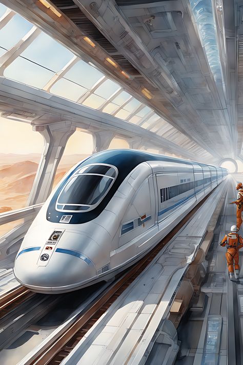 Future train on Mars. Transcontinental maglev rails space opera watercolor Train Future, Futuristic Train, Future Train, Maglev Train, Space Train, Train Design, Speed Rail, Future Transportation, High Speed Rail