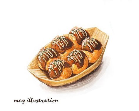 Asian Snacks Drawing, Sushi Drawing Aesthetic, Japan Food Drawing, Takoyaki Drawing, Bento Drawing, Japanese Food Drawing, Gouache Reference, Sushi Drawing, Japanese Food Illustration