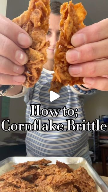 Jackie Bakula on Instagram: "Bye bye rice crispy treats! Hello cornflake Crack!   Follow @chef_jackieb to become your very own private chef at home.   Cornflake Crack  🔪3 cups cornflakes  🔪 1 stick unsalted butter  🔪1/2 cup light brown sugar  🔪1 tsp salt  🔪1/4 tsp baking soda  🔪 cooking spray  🔪chocolate, for drizzling, optional   Step 1️⃣ preheat oven to 350f. Line a sheet tray with parchment.  Step 2️⃣ melt butter & brown sugar in a sauce pot and stir until combined, about 2 minutes. Stir in salt & baking soda.  Step 3️⃣ Spray a heat proof bowl with baking spray. Add the cornflakes and pour the hot caramel directly over the cornflakes. Stir to coat.  Step 4️⃣ immediately pour onto prepped sheet tray, spread it out into a thin layer. Bake 10-12 min. Remove & let cool completely.  S Oven Baked Rice Crispy Treats, Corn Flake Brittle, Cornflake Snacks, Cornflake Crackles, Cornflake Brittle, Chocolate Cornflake Cakes, Cornflake Cake, Oven Baked Rice, Chef At Home