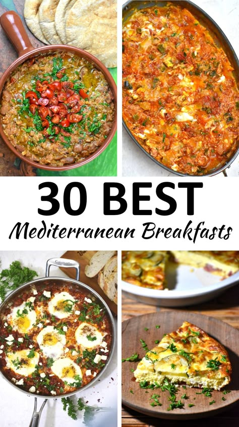 This collection of Mediterranean breakfast recipes includes thirty great ideas to add some flavor to your mornings. Vegetarian Mediterranean Breakfast, Mediterranean Recipes Breakfast Mornings, Liver Healthy Breakfast, Mediteranian Breakfast Recipe, Mediterranean Brunch Recipes, Mediterranean Diet Smoothie Recipes, Mediterranean Breakfast Ideas Simple, Mediterranean Brunch Ideas, Breakfast Mediterranean Diet