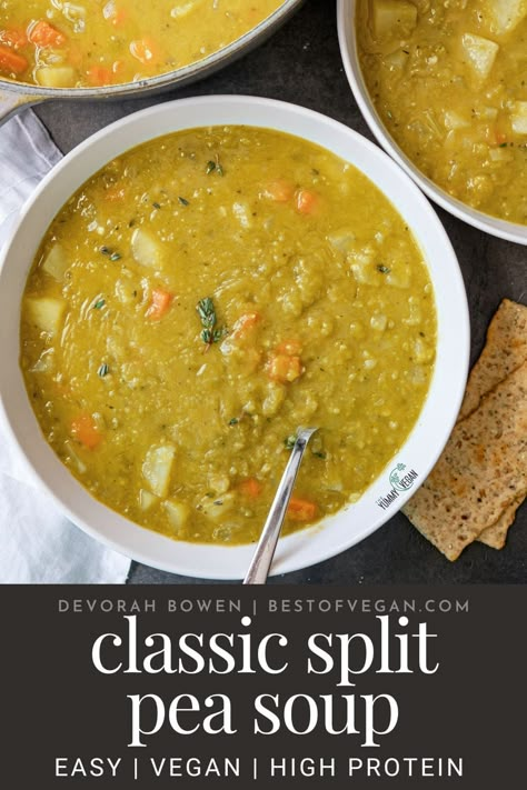 The BEST Classic Split Pea Soup Recipe (Vegan & Gluten-Free) Vegan Split Pea Soup Stove Top, Classic Split Pea Soup, Vegetarian Split Pea Soup Stove Top, Gluten Free Soups And Stews, Split Pea Soup Vegetarian, Pea Soup Vegetarian, Split Pea Soup Recipes, Split Pea Recipes, Vegan Pea Soup