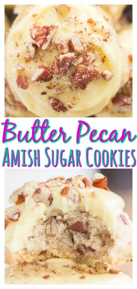 Butter Pecan Amish Sugar Cookies • The Gold Lining Girl Amish Brown Sugar Cookies 12 Tomatoes, Frosted Butter Pecan Cookies, Southern Butter Pecan Cookies, Amish Sugar Cookies Taste Of Home, Amish Cookies Recipes, Amish Dessert Recipes, Amish Food Recipes, Pineapple Drop Cookies, Amish Desserts