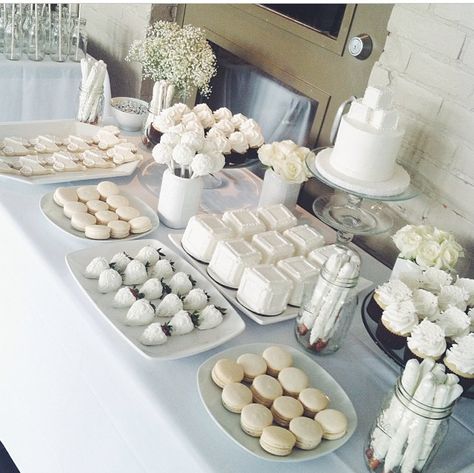 White Bridal Shower Dessert Table, All White Party Desserts, All White Party Snacks, White Party Snack Table, All White Treat Table Ideas, White Party Decorations Elegant, Engagement Party Ideas Decorations Decor Dessert Tables, Bridal Shower Decorations Winter, Elegant White Bridal Shower Ideas