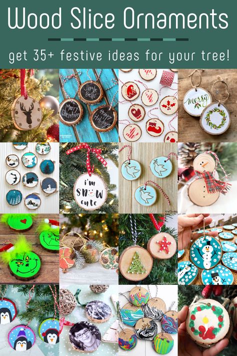 Wood Ornaments Kids Craft, Wooden Discs Ideas Tree Slices, Tree Trunk Ornaments, Wood Slice Ornament Ideas Cricut, Flat Wooden Ornaments Diy, Crafts With Small Wood Slices, Easy Wood Christmas Ornaments, Wooden Christmas Crafts For Kids, Easy Cheap Christmas Ornaments