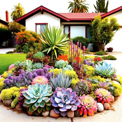 Succulent Landscaping Front Yard, Succulent Garden Landscape, Succulent Landscape Design, Florida Landscaping, Succulent Garden Design, Succulent Landscaping, Drought Tolerant Landscape, Dry Land, Succulent Gardening