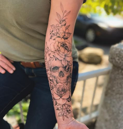 Flower Skull Sleeve Tattoo, Delicate Skull Tattoos For Women, Skull Tattoos Sleeve Women, Women’s Sleeve Tattoo No Flowers, Skull And Flower Tattoo Forearm, Hip Tattoos Women Skull And Flowers, Tattoo For Elbow Women, Floral Skull Half Sleeve Tattoo, Skeleton And Flowers Tattoo Sleeve