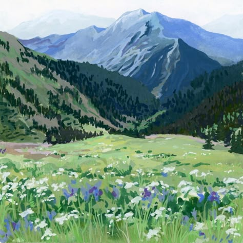 Gouache Illustrations Landscape, Gouche Scenery Painting, Gibli Landscape Painting, Aesthetic Gouache Art Landscape, Gouache Painting Mountains, Scenery Painting Gouache, Mountain Artwork, Posca Marker, Mountain Drawing