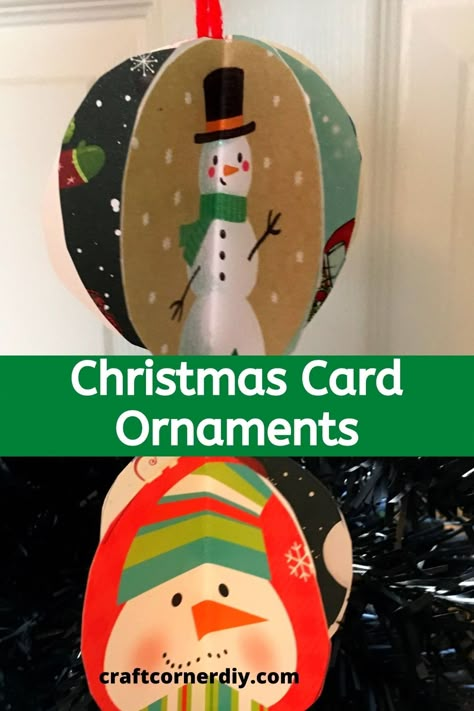 Christmas Card Ornaments Made From Old Cards | Upcycled Christmas Card Ornaments, Ornaments From Old Christmas Cards, Recycled Christmas Card Ornaments, Ornaments From Christmas Cards, Crafts From Old Christmas Cards, Easy Elementary Christmas Crafts, Recycled Christmas Card Crafts, Upcycle Old Christmas Ornaments, Recycling Christmas Cards