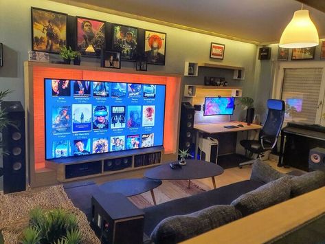 My Happy Place Small Tv Game Room, Small Office Hangout Room Ideas, Urban Loft Apartment Modern, Mcm Game Room, Gaming Set Up In Living Room, Console Gaming Room, Gaming Setup Living Room, Small Gaming Room, Small Game Room Ideas