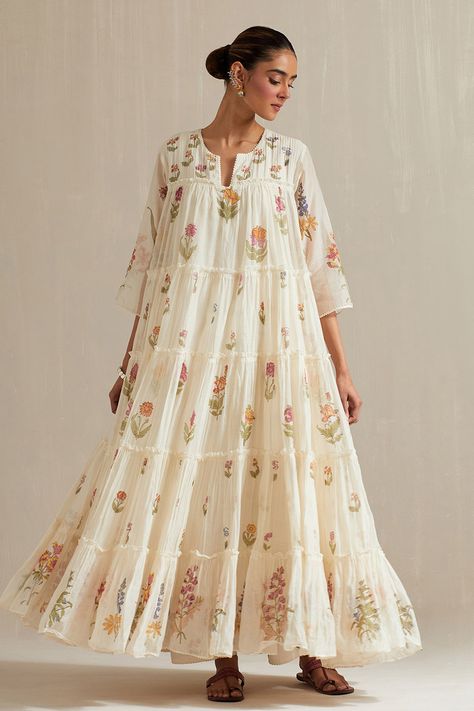 Off White Hand Block Printed Multi-Tiered Kurta With Staright Pants White Floral Anarkali, Off White Anarkali, Suit Details, White Anarkali, Eastern Wear, Block Print Dress, Floral Block Print, Indian Tunic, Cotton Saree Designs