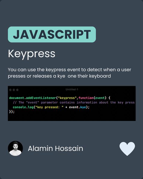 javascript tutoria, javascript keypress. Javascript Beginner, Javascript Methods, Javascript Projects, Learn Java, Java Script, Javascript Code, Web Development Programming, Learn Javascript, Data Science Learning