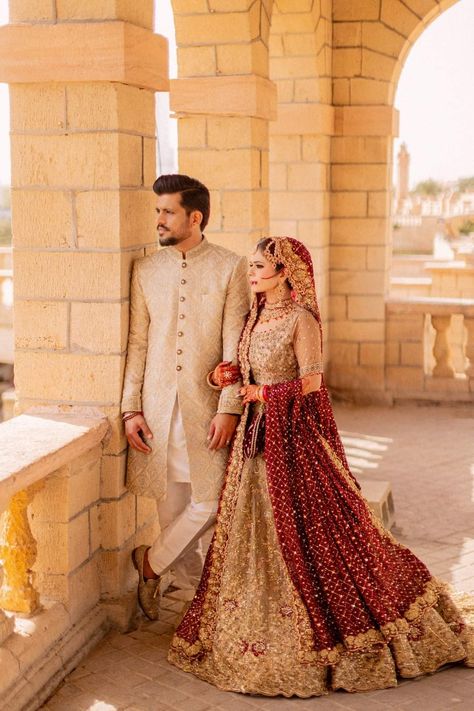 Barat Couple Dresses Pakistani, Pakistani Wedding Shoot Couple, Nikah Couple Poses, Bride Groom Photoshoot Pakistani, Pakistani Bride And Groom Outfits, Nikkah Groom Outfit, Muslim Groom Outfit For Nikah, Nikkah Couple Outfit, Groom Pakistani Wedding Outfits