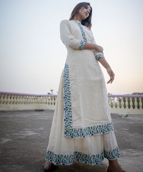 Ivory Lurex Double Layer Maxi Dress with Turquoise Emrboidery Plain Kurtas Women, Ikkat Salwar Suit Designs, Plain White Kurta Designs Women, Plain Suit Designs Indian Style, White Cotton Suit Designs, Latest Plazzo Suits Designs, Cotton Salwar Suit Designs Latest, Kurta Patterns Latest, Plain Kurta Designs For Women