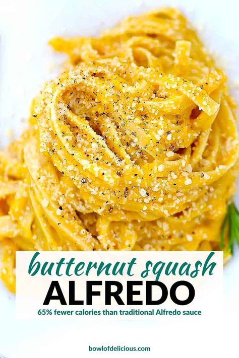 This healthy Butternut Squash Alfredo recipe has brown butter and rosemary and is served with Fettuccini, or any other kind of pasta you like for a perfect fall pasta recipe. The sauce is freezable... and doubles as a soup! It's earthy and aromatic, and has 65% fewer calories than traditional Alfredo sauce. Butternut Alfredo Sauce, Butternut Squash Fettucini, Butternut Squash Fettuccine Alfredo, Creamy Butternut Squash Pasta Sauce, Butternut Squash Alfredo Sauce, Butternut Squash Dishes, Butternut Squash Sauce Recipes, Butter Nut Squash Recipes Pasta, Butternut Pasta Sauce