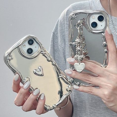 Perfect Reflection ~ One snap at a time 🪞✨ 🔍 Mirror Phone Cases #PHONECASE #IPHONECASE #ACCESSORIES #AESTHETIC #phonecaseaddict #gadgetaccessories #techtrends Korea Y2k, Chains Aesthetic, Star Silver, Strap Phone, 3d Heart, Electronics Accessories, Heart Chain, Fall Prevention, Pearl Chain