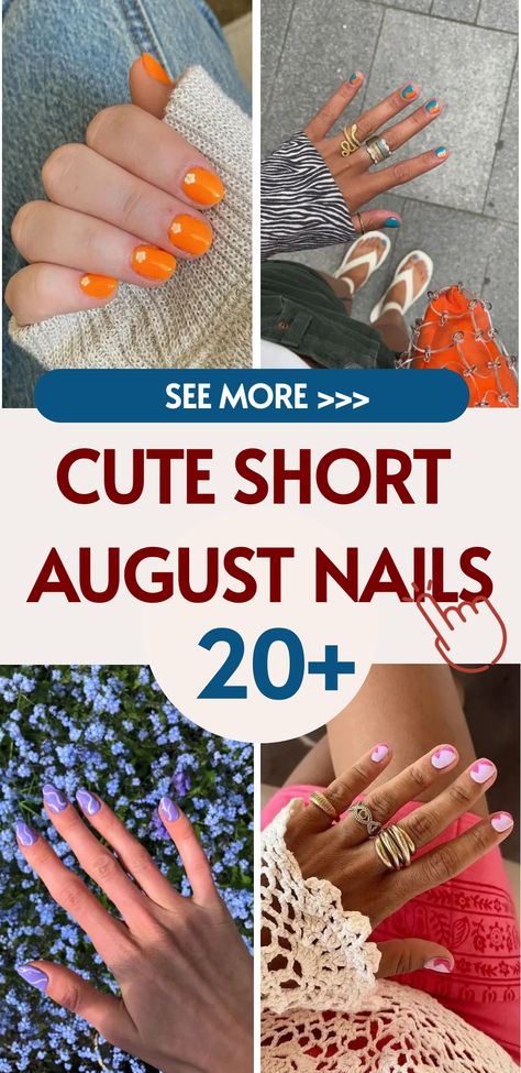 Achieve a stylish look this August with our charming short nail designs that exude chic sophistication. Embrace elegant floral accents and trendy geometric shapes to elevate your manicure game and add a touch of grace to your fingertips. Our curated collection of short August nail designs offers versatility, making them suitable for any occasion or outfit. Enhance your overall style with manicures that are both classy and fashionable. Nails For August/september, August Gel Nails 2024, Nail Ideas For August 2024, Late Summer Nail Ideas Short, August Short Nails, September Nails 2024 Short, August Nails 2024 Short, Short August Nails, August Nail Inspo 2024