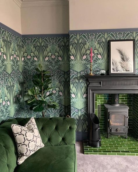 Hearth Tiles, Victorian Living Room, Green Couch, Green Velvet Sofa, Fireplace Hearth, Wallpaper Accent Wall, Living Room Green, Design Del Prodotto, Green Rooms