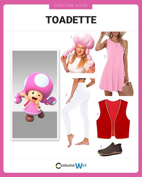 Toadette Costume Toadette Cosplay, Video Game Character Costumes, Toadette Costume, Mushroom Hat Costume, Mario Costume Diy, Super Mario Cosplay, Mario Costumes, Super Mario Costumes, Costume Wall