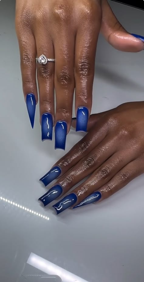 Midnight Blue Gel Nails, Royal Blue Nails Medium Length, Acrylic Nail Designs Royal Blue, Zeta Phi Beta Nails, Royal Blue And White Acrylic Nails, Black And Royal Blue Nails, Royal Blue And Black Nails, Dark Blue Nails Acrylic, Navy Blue Nails Acrylic